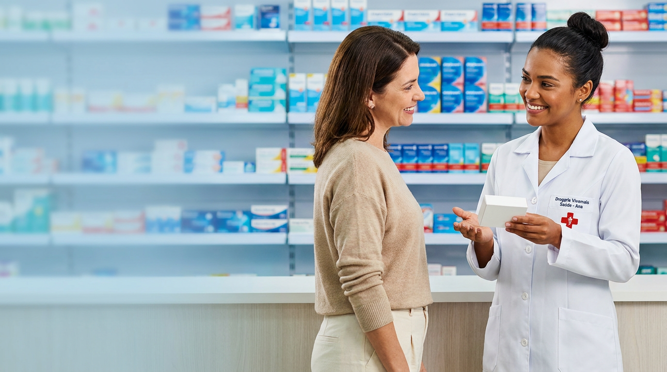Farmacêutica atendendo cliente na Drogaria Viva Mais Saúde